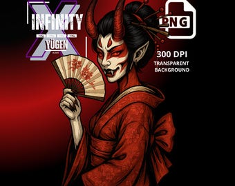 Puede incluir: Una ilustración digital de una mujer con cuernos rojos y un kimono rojo y blanco sosteniendo un abanico de mano. El fondo es rojo y negro.