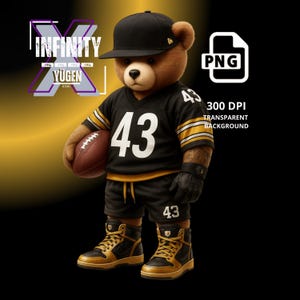 Pittsburgh Teddy Bear png, Bear Cartoon Digital Download PNG Football Bear Black Jersey, Football Inspired png, digital download