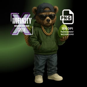 May include: A cartoon bear wearing a green hoodie, sunglasses, and a gold chain, holding a green egg with the text "300 DPI TRANSPARENT BACKGROUND". The bear is standing on a green background with the text "INFINITY X YUGEN" in the top left corner.