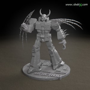 May include: A gray, detailed, plastic model of a robot with horns, sharp claws, and a textured surface. The robot is standing on a circular base with the word "MICRON" printed on it.