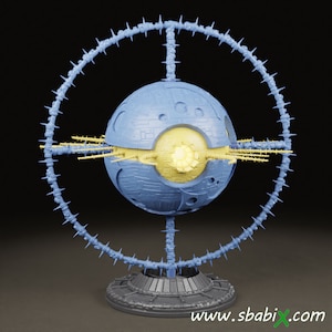 May include: A blue and yellow 3D printed model of a spherical space station with a ring of spikes around it. The model is on a grey base.