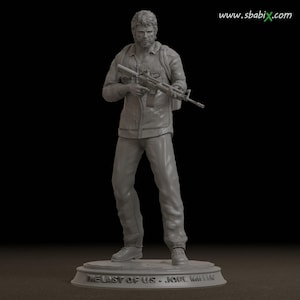 May include: A gray, detailed figurine of a man holding a rifle. The figurine is standing on a base with the text "The Last of Us - Joel Miller".