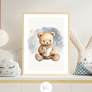 Teddy Bear Reading Book Nursery Art Print (Digital Download)