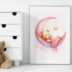 Süße Bären Kinderzimmer Wand Kunst | Mond und Sterne | Mädchen niedlich Zimmer Dekor | Boho Kinderzimmer Dekor | Druckbare Wandkunst | Schlafender Bär