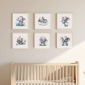 Watercolor Baby Elephant Nursery Prints: Set of 6 (Digital Download)