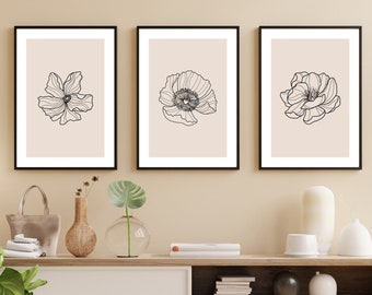 Set of  3  Beige Line Floral Art Poster | Abstract Lines Printable Wall Art | Neutral Beige Line Art |  Home Office Decor