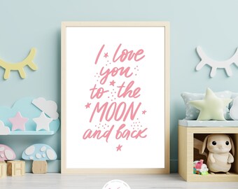 Lámina "Te amo hasta la luna": Decoración rosa para habitación infantil (descarga digital)
