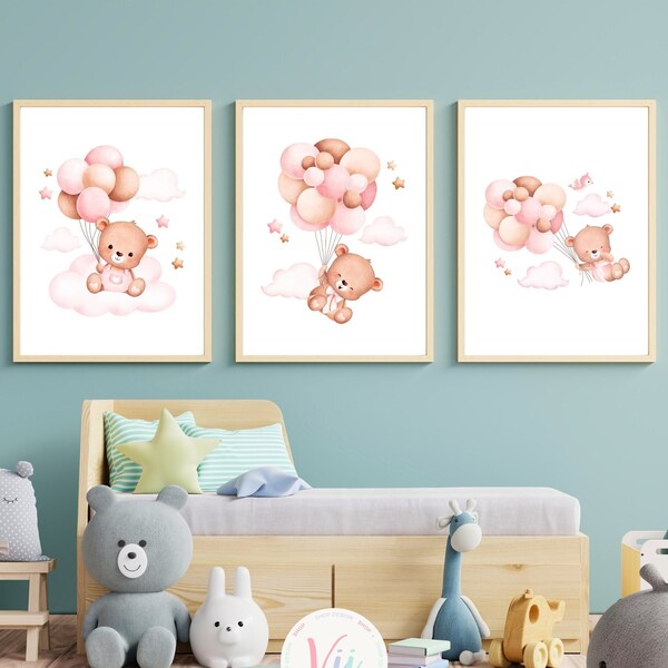 Set of 3 Teddy Bear Print | Bear With Balloon Nursery Decor | Pink Baby Girl Print | New Baby Printable | Balloon Nursery Print