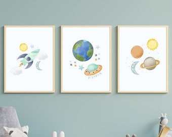 Stampe ad acquerello per la cameretta dei bambini: astronauta, Terra, spazio (download digitale)