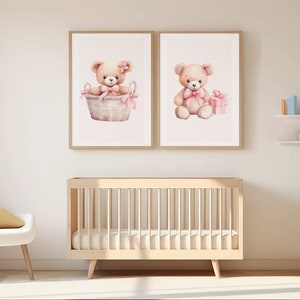 Teddybär-Kinderzimmer-Mädchen | Kinderzimmer Dekor Rosa | Babyzimmer Kunst | Niedliches Bären-Print-Kinderzimmer | Mädchen-Kinderzimmer Dekor | Kinderzimmer Kunstwerk