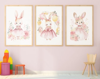 Impressão de berçário de coelho: arte floral em aquarela (download digital)