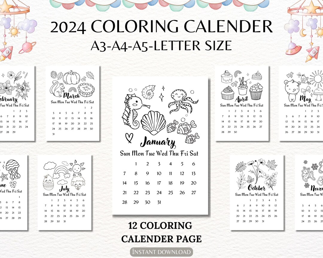 2024 Calendar Coloring Pages Printable Coloring Calendar for Etsy Canada
