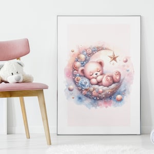 Mond Teddy Bär Kinderzimmer Mädchen | Kinderzimmer Dekor Rosa | Babyzimmer Kunst | Niedliches Bären-Print-Kinderzimmer | Mädchen-Kinderzimmer Dekor | Mond Sterne Aquarell