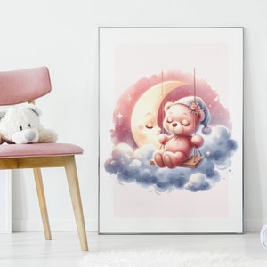 Süsser Bär Rosa Kinderzimmer Wand Kunst | Mädchen niedlich Zimmer Dekor | Boho Kinderzimmer Dekor | Druckbare Wandkunst | Kinderzimmer Wand Dekor | Neugeborenen Geschenk