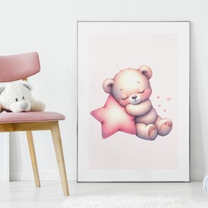 Niedlicher schlafender Bär | Kinderzimmer Wand Kunst | Mädchen niedlich Zimmer Dekor | Boho Kinderzimmer Dekor | Druckbare Wandkunst | Kinderzimmer Wand Dekor | Neugeborenen Geschenk
