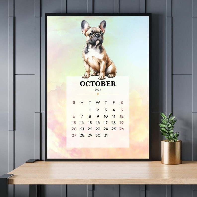 2024 Calendar Printable , 2024 Watercolor Cute Dog Calendar , Colorful