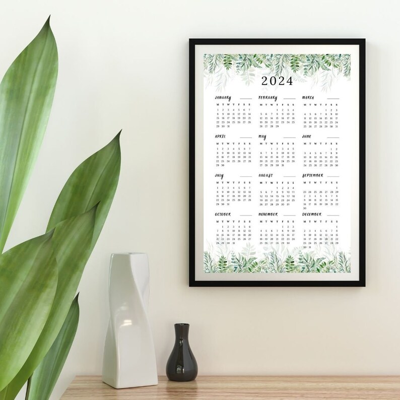 2024 Yearly Calendar Printable , 2024 Leaves Calendar , 2024 Wall