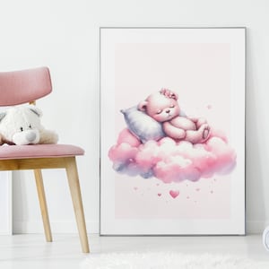 Süße Bären Kinderzimmer Wand Kunst | Rosa Wolke | Schlafen Bär | Mädchen niedlich Zimmer Dekor | Boho Kinderzimmer Dekor | Druckbare Kunst | Kinderzimmer Wand Dekor