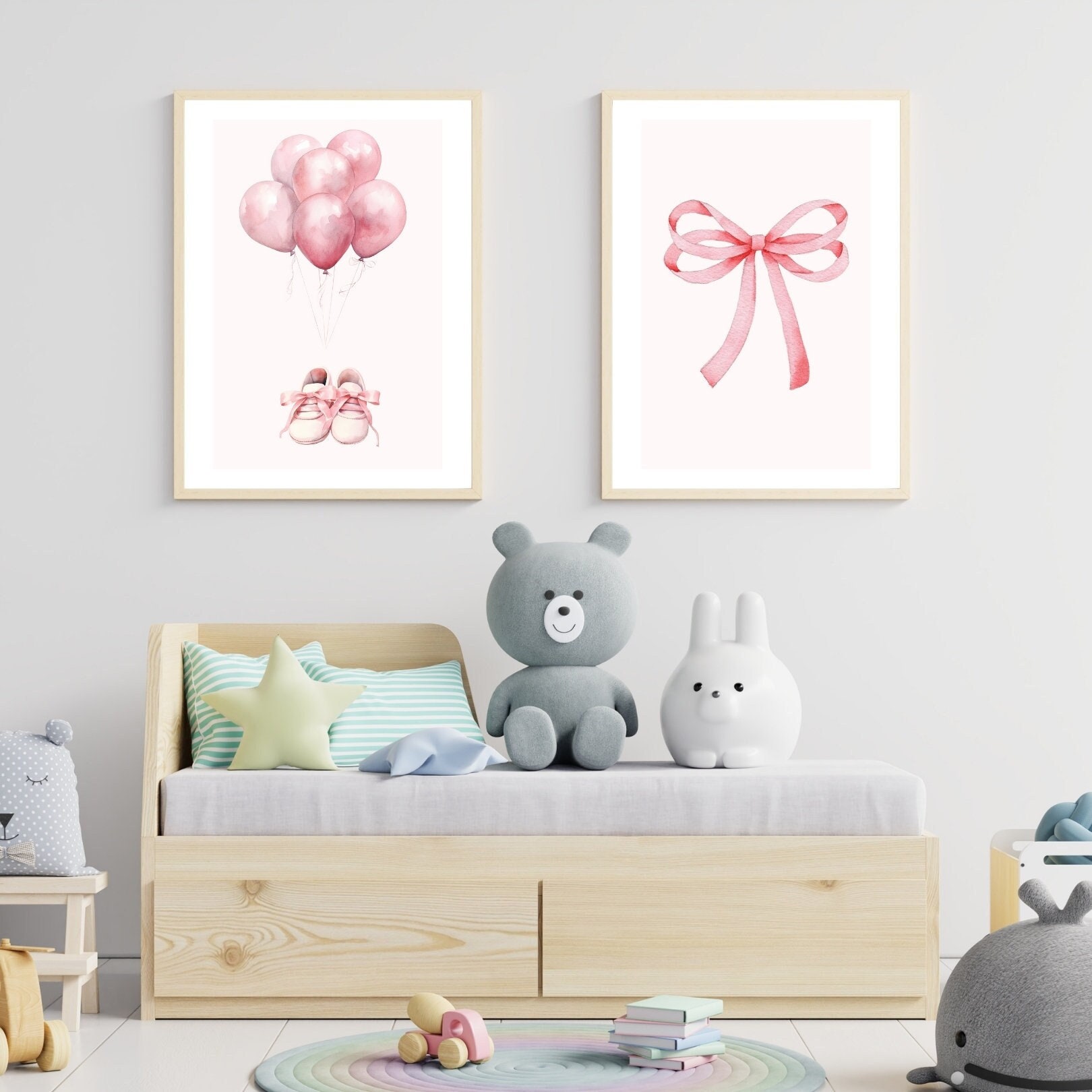 Pink Bow and Balloons Watercolor Print Set: Baby Girl Room Decor ...