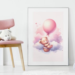 Teddybär-Kinderzimmer-Mädchen | Kinderzimmer Dekor Rosa | Babyzimmer Kunst | Niedliches Bären-Print-Kinderzimmer | Mädchen-Kinderzimmer Dekor | Kinderzimmer Wandkunst | Ballon Sterne