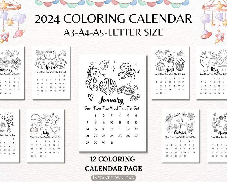 2024 Calendar Coloring Pages Printable Coloring Calendar for Etsy