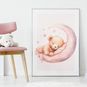 Süsser Bär Rosa Kinderzimmer Wand Kunst | Mädchen niedlich Zimmer Dekor | Boho Kinderzimmer Dekor | Druckbare Wandkunst | Kinderzimmer Wand Dekor | Neugeborenen Geschenk