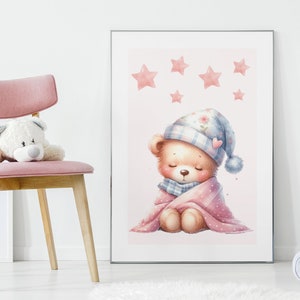 Teddybär-Kinderzimmer-Mädchen | Schlafendes Bärenkissen | Kinderzimmer Dekor Rosa | Babyzimmer Kunst | Niedliches Bären-Print-Kinderzimmer | Mädchen-Kinderzimmer Dekor | Sterne