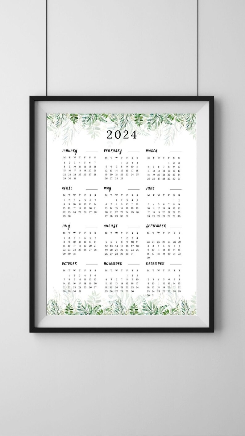 2024 Yearly Calendar Printable 2024 Leaves Calendar 2024 Etsy Hong Kong