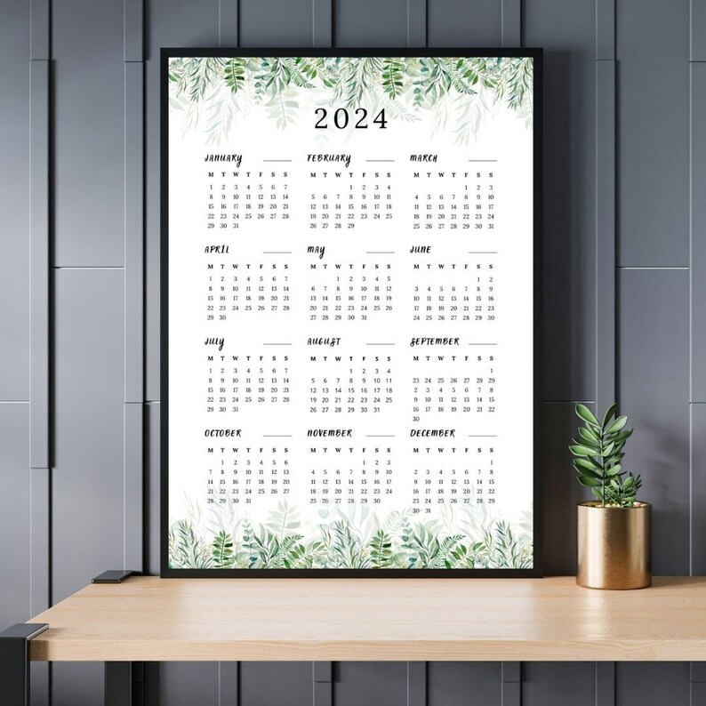 2024 Yearly Calendar Printable 2024 Leaves Calendar 2024 Etsy UK