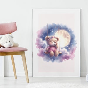 Süsser Bär Rosa Kinderzimmer Wand Kunst | Mädchen niedlich Zimmer Dekor | Boho Kinderzimmer Dekor | Druckbare Wandkunst | Kinderzimmer Wand Dekor | Neugeborenen Geschenk