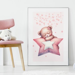 Süsser Bär Rosa Kinderzimmer Wand Kunst | Mädchen niedlich Zimmer Dekor | Boho Kinderzimmer Dekor | Druckbare Wandkunst | Kinderzimmer Wand Dekor | Neugeborenen Geschenk