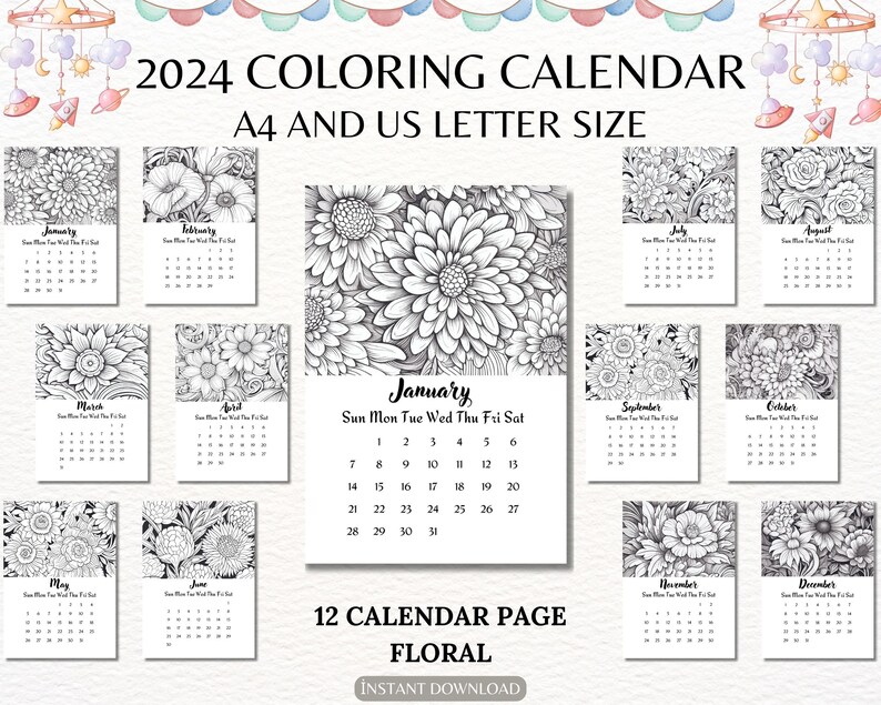 2024 Coloring Calendar PDF for Kids and Adults Cute 12 Month Wall Art
