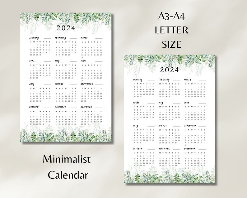 2024 Yearly Calendar Printable , 2024 Leaves Calendar , 2024 Wall