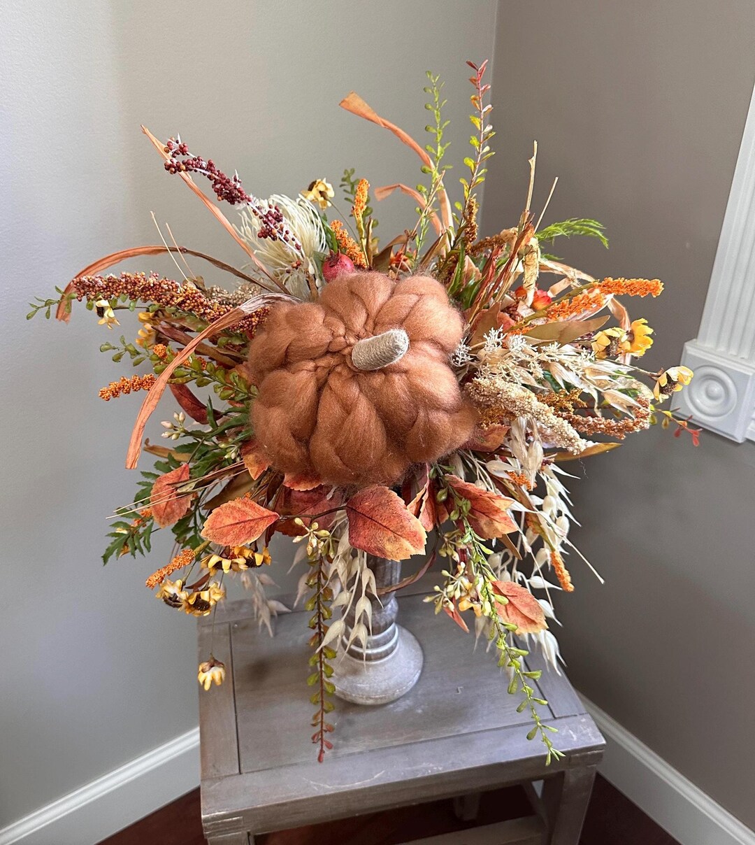 Fall Rust Pumpkin Centerpiece, Candlestick Flower Arrangement, Kitchen ...