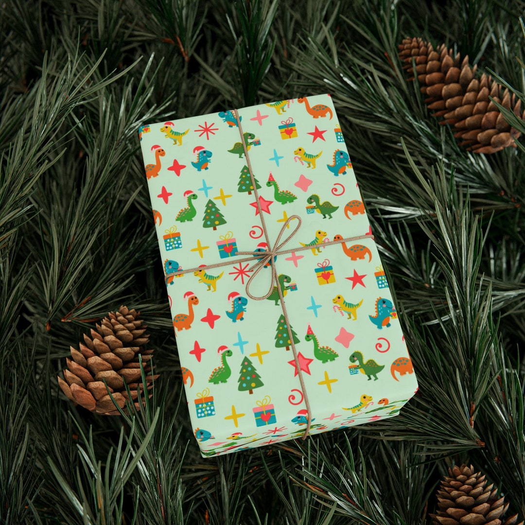 Cute Dinosaur Christmas Wrapping Paper for Boys Green Gift Etsy