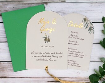 Hochzeitseinladungs-Set Olive, Einstecktasche mit individueller Prägung, Hochzeitseinladung mit Umschlag, Hochwertige Papeterie