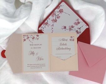 Hochzeitseinladungs-Set Kirschblüte, Pocketfold Karte mit Wachssiegel, Hochzeitseinladung mit Umschlag, Hochwertige Papeterie