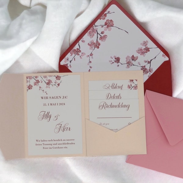 Ensemble d'invitations de mariage fleurs de cerisier, carte de poche avec sceau de cire, invitation de mariage avec enveloppe, papeterie de haute qualité