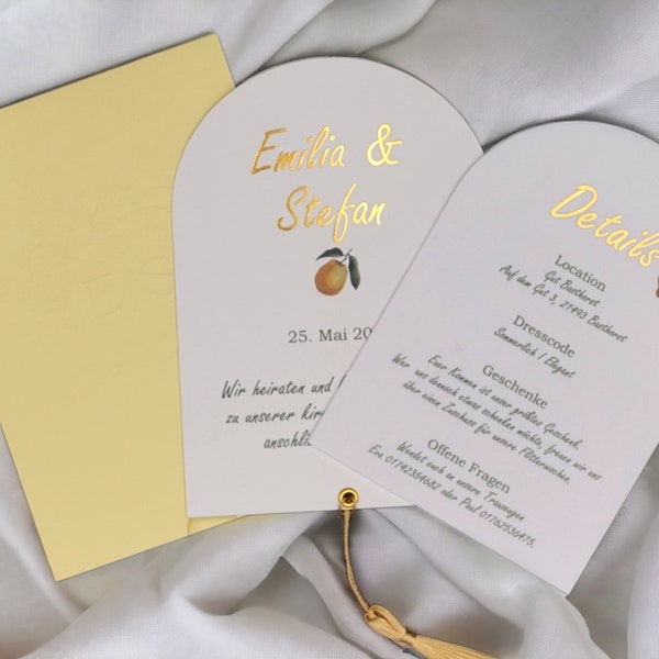 Hochzeitseinladungs-Set Lemon, Einstecktasche mit individueller Prägung, Hochzeitseinladung mit Umschlag, Hochwertige Papeterie