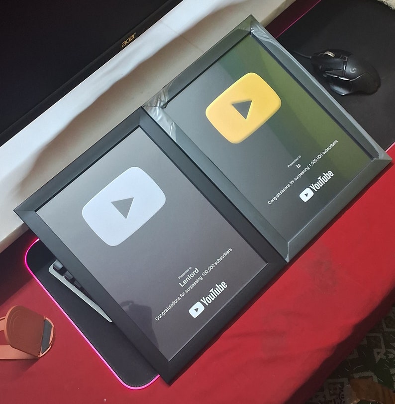 YouTube Play Button Award Decorative / Gift Item Framed Dark