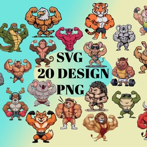 BODYBUILDER ANIMALS svg/png Bundle, strong body, design for print, t-shirt design, cartoon animals, Gym, Muscle clipart, sublimation