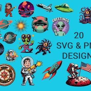 Paquete de 20 imágenes prediseñadas SVG y PNG para planetas de ciencia ficción retro y aventuras espaciales, cohete de ciencia ficción retro, astronauta de dibujos animados, ovni, extraterrestre, planeta