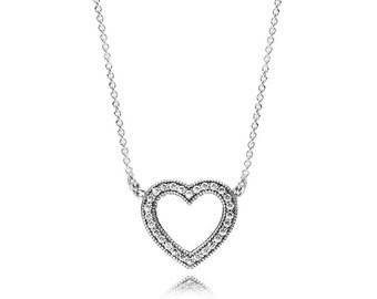 Pandora Silver Open Heart Necklace Shine On with Hand-Finished Collier Necklace Women Jewellery with Shimmering Stones, Essential Component