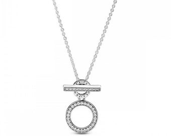 Double Hoop Silver Pandora T-bar Necklace Experience Uniqueness with Pandora Logo Necklace - Logo on Both Sides 45cm Long Chain 399039C01