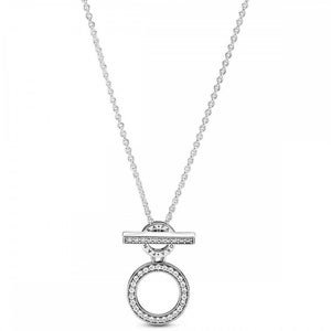 Double Hoop Silver Pandora T-bar Necklace Experience Uniqueness with Pandora Logo Necklace Logo on Both Sides 45cm Long Chain 399039C01 image 1