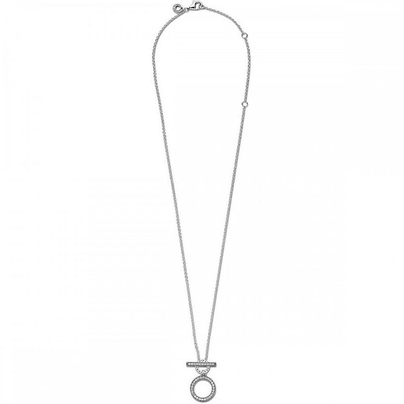 Double Hoop Silver Pandora T-bar Necklace Experience Uniqueness with Pandora Logo Necklace Logo on Both Sides 45cm Long Chain 399039C01 image 3