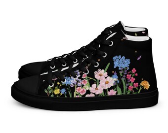 Limited edition women’s high top canvas sneaker shoes custom designer with wild flower print, perfect gift for girlfriend