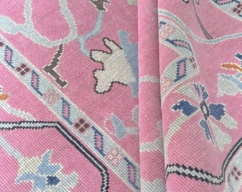 Modern Pink Oushak Rug - Hand-Knotted Floral Carpet - Unique Living Room Decor
