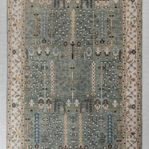 Handgeknoopt Oushak-vloerkleed: groen, wit, modern, op bestelling gemaakt