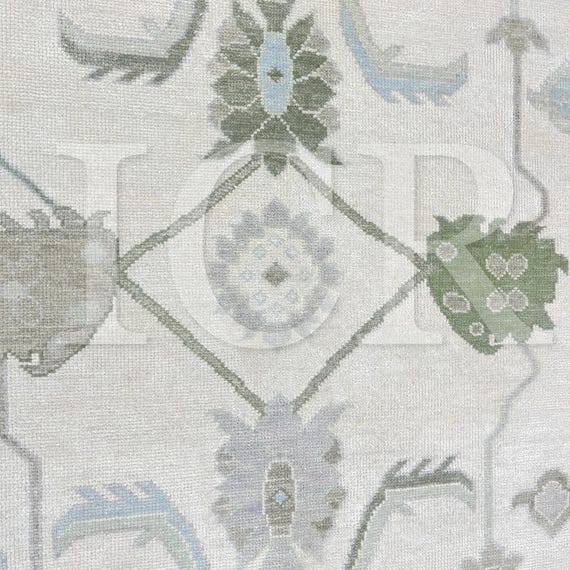 Ivory Sage Green Botanical Carpet, Vintage Oushak Rug, Minimalist Wool Rug.